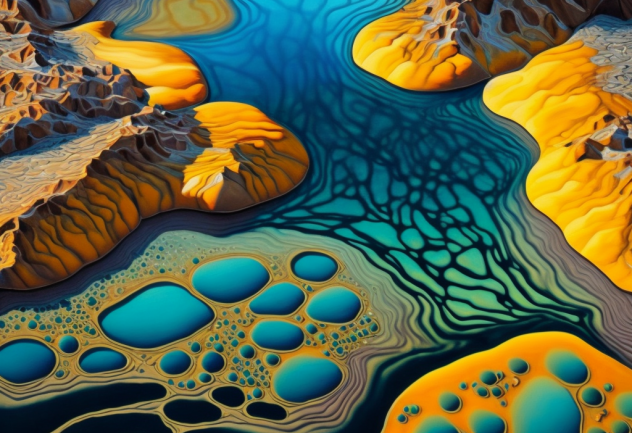 Generated by AI. Land and river blobs in a colorful image that is not realistic