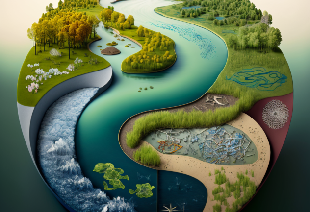 AI generated illustration of water and land mixing in almost a yin-yang shape